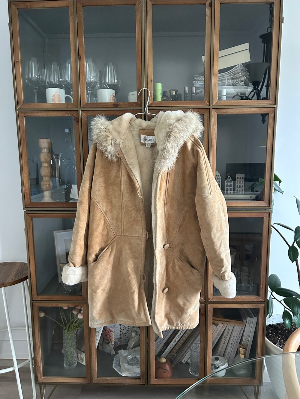 Vintage Genuine Suede Leather Shearling Hooded Coat Authentic Fur